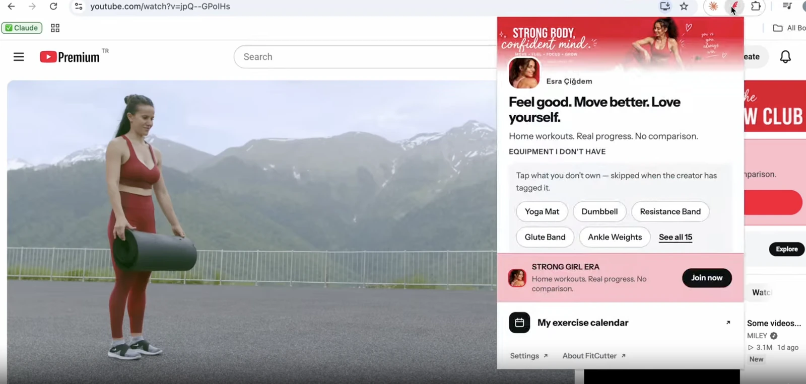 A branded FitCutter panel on a YouTube workout, showing the creator’s name, headline and accent colour above the viewer’s equipment choices.